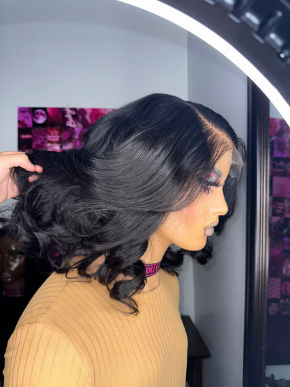 5x5 HD lace wig customized as a deep side part with layered curls