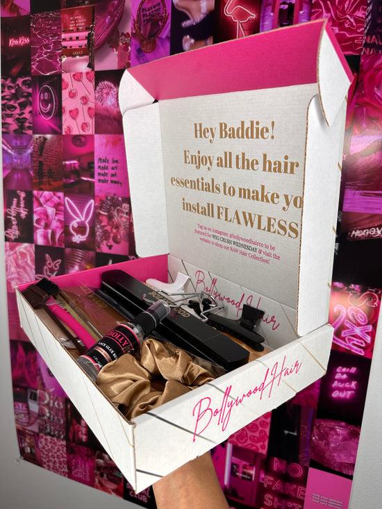 BW wig install box, wig installation kit, wig install kit, wig install for beginners, how to install a closure wig, melt band, silk bonnet, glueless wig, wig hanger, lace remover spray, light baby hairs, wig cap, lace glue